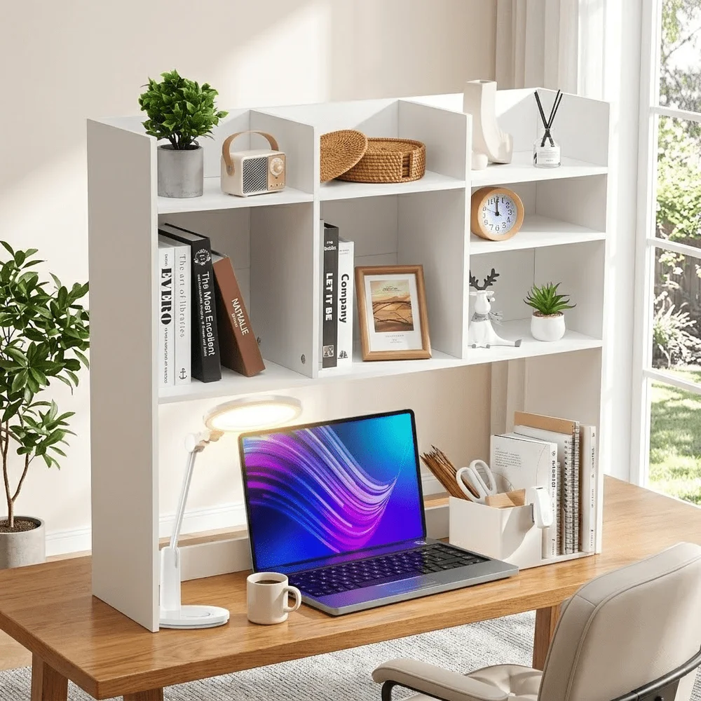 

Large Capacity Wooden Desktop Bookshelf With 7 Compartments Multi Functional Storage Cabinet Computer Desk Organizer For Dorm B