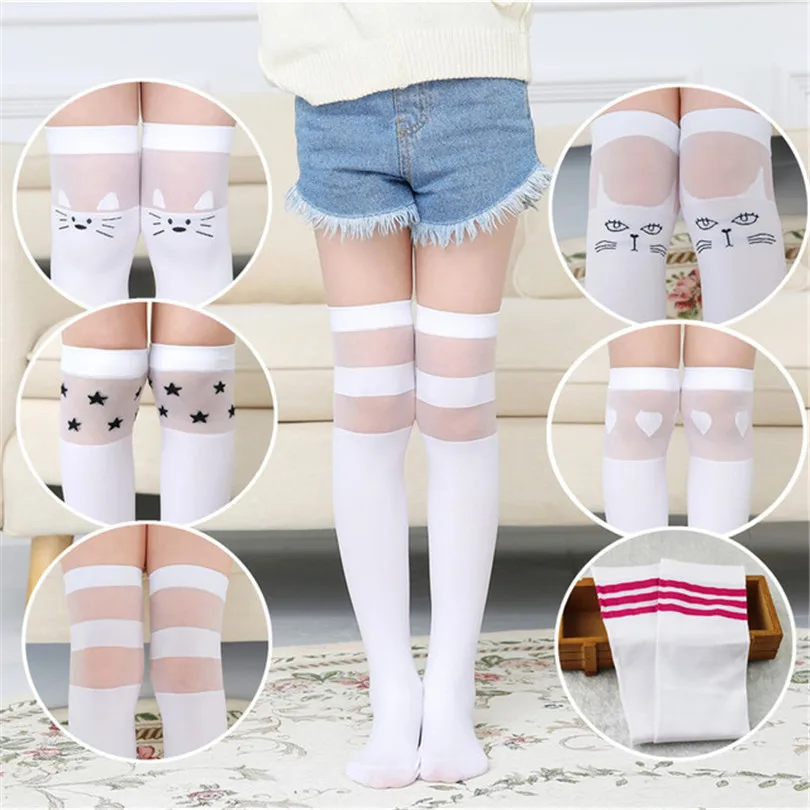 Weiße Schulmädchen über dem Knie hohe lange Socken Cartoon Katze/Stern/Herz/Streifen Design Baby Kinder Kind Student Prinzessin Strümpfe – Detail 1