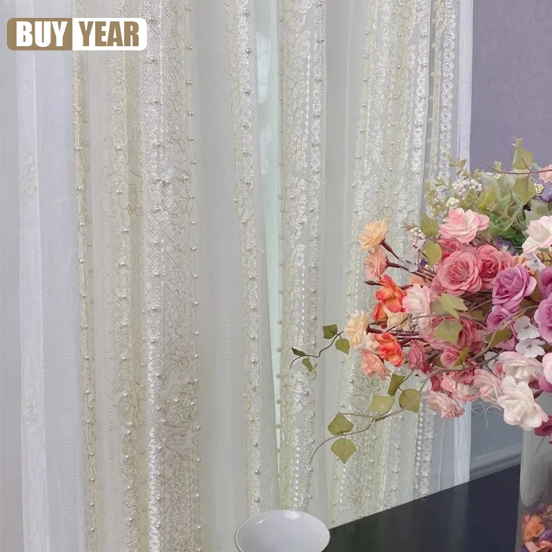 

French Romantic Girl Lace Opaque Pearl Embroidered Lace White Screen Curtains for Living Room Bedroom Partition Decoration