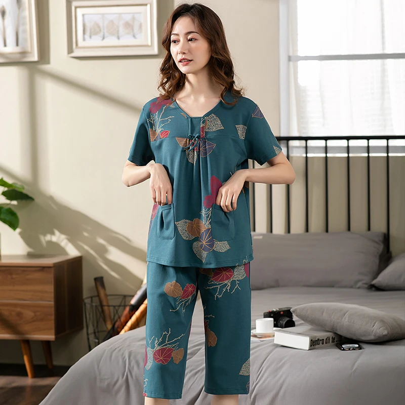 Full Cotton Women Pajamas Sets Flower Print Large Size Lady Sleepwear Women\'s Pijamas Suit Home Clothes Pyjama Femme M-3XL