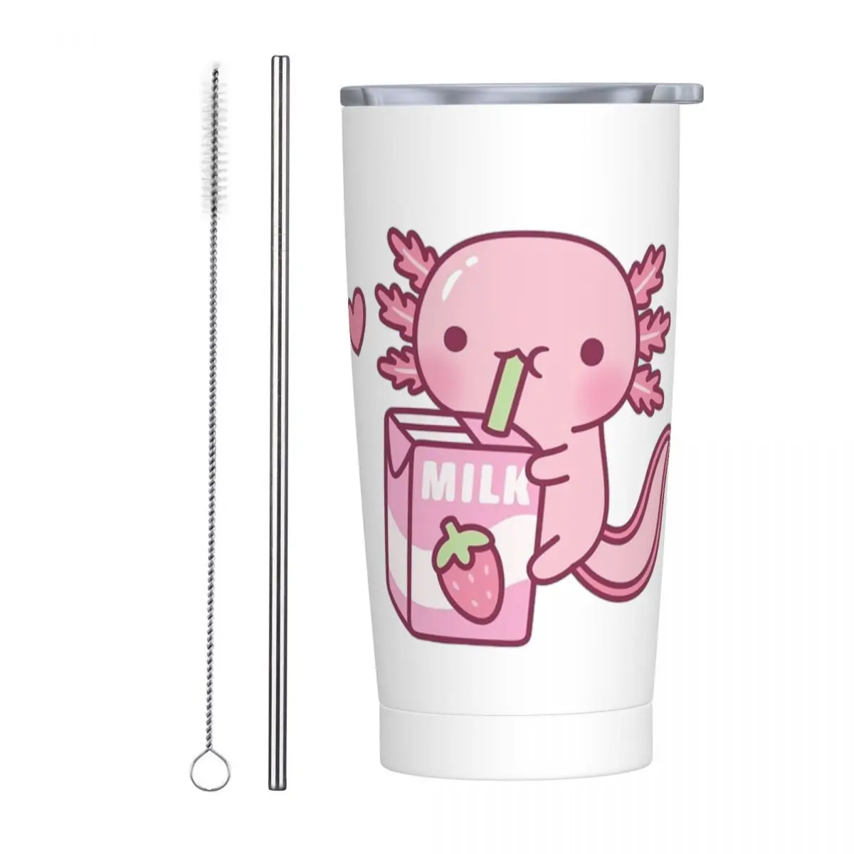 Cute Axolotl Loves Strawberry Milk Doodle Stainless Steel Tumbler Vacuum Insulated Mugs Thermal Cold Bottle Straws With Lid 20oz