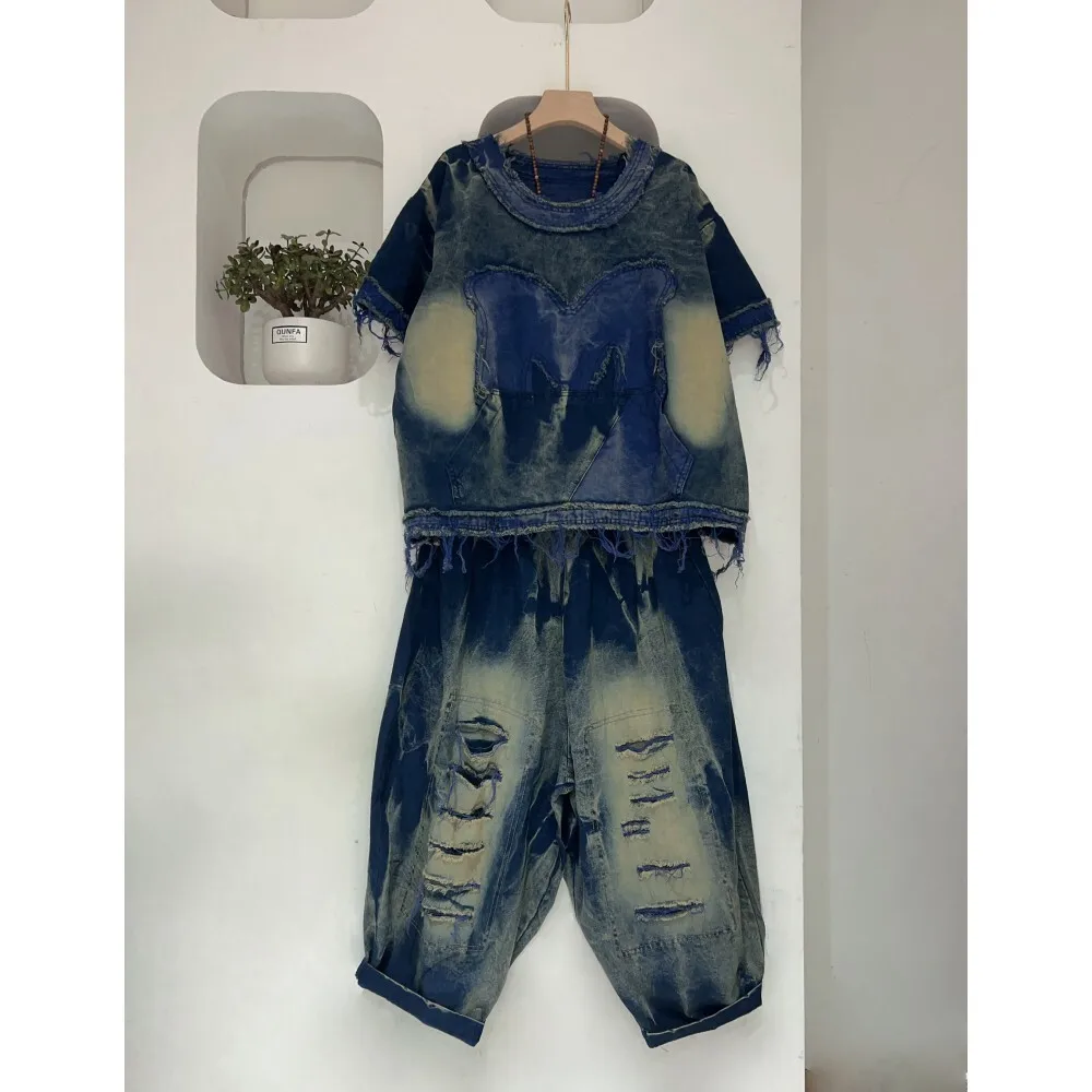 

Personalized Contrasting Color Blue Pant Set Women Distressed Denim Fur Edges Short Sleeved Top + Harem Pant Two-piece Set ZF123