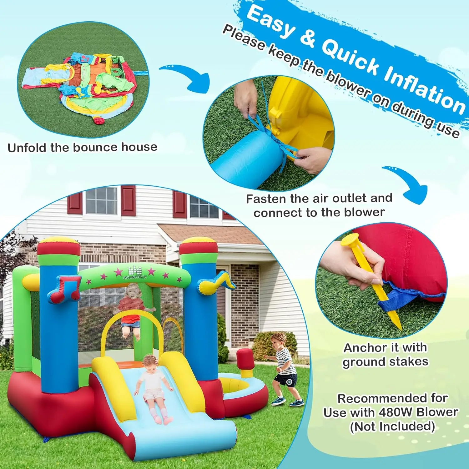Inflatable Bounce House with Ball Pit, Bouncy House for Kids 3-12 Indoor Outdoor w/Large Jumping Area, Basketball Hoop, Bounce H view 6