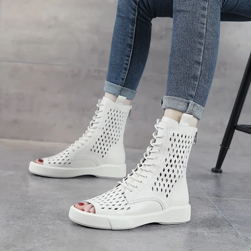 DRKANOL Summer Hollow Open Toe Cool Boots Women Genuine Leather Soft Soled Comfort Back Zipper Breathable Mid-Calf Flat Boots