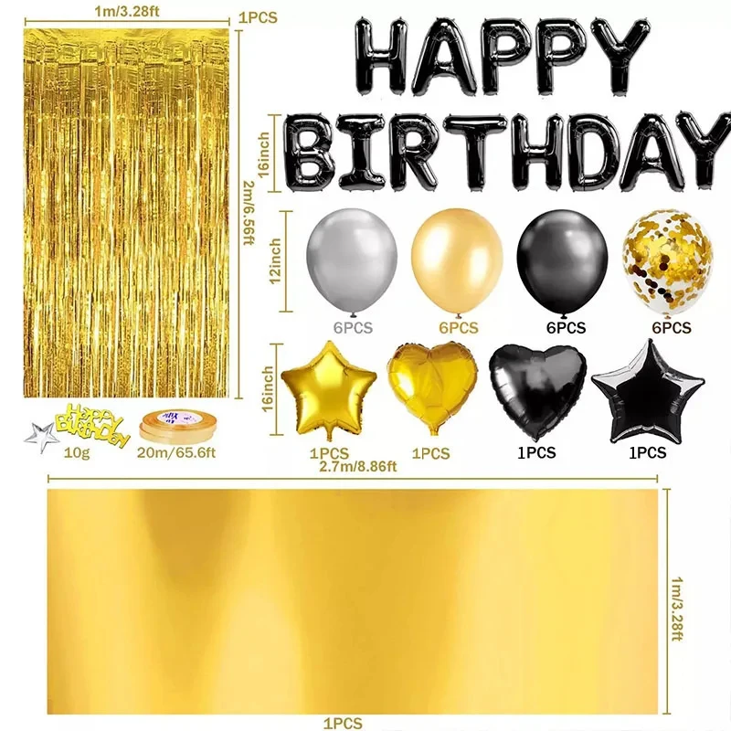 Black Gold Happy Birthday Balloons Man Women Party Decorations Adult Kids Boy Girl 1 2 3 5 6 10 11 15 25 30 35 40 50 60 Year Old