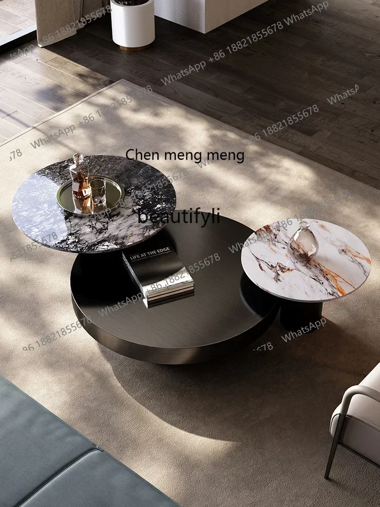 X لوحة حجرية إيطالية حجم طاولة القهوة مزيج ضوء دائري غرفة المعيشة الفاخرة ما بعد الحداثة الحد الأدنى الفولاذ المقاوم للصدأ