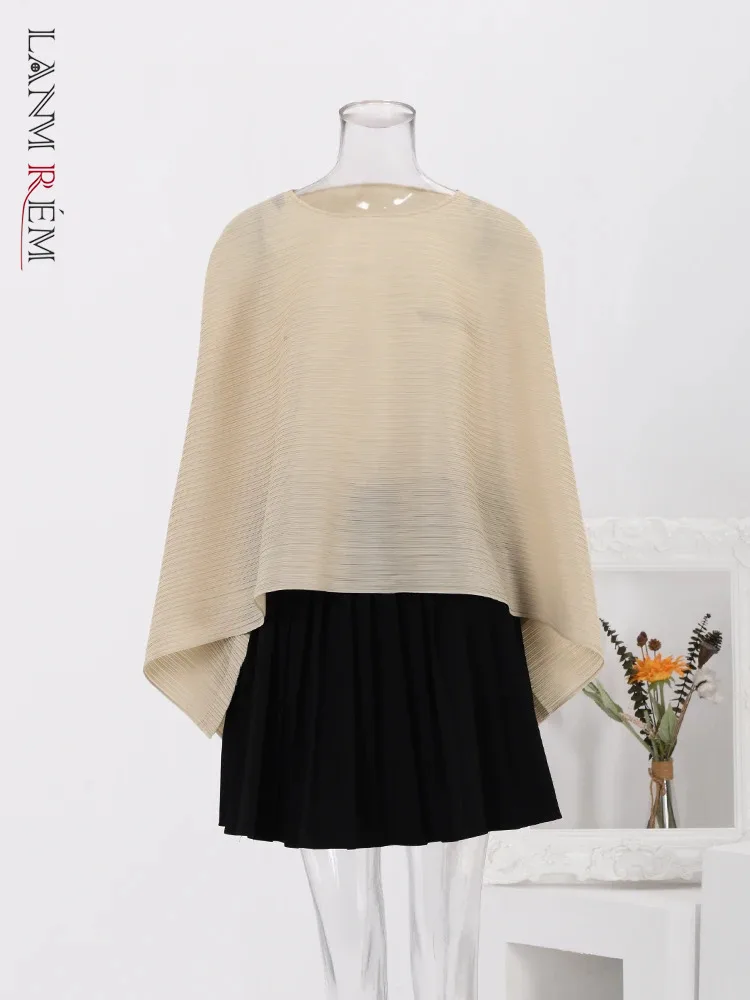 

LANMREM Casual Pleated Irregular T-shirt Women Round Neck Long Sleeves Solid Color Tops 2024 Summer New Clothing 2YA2347