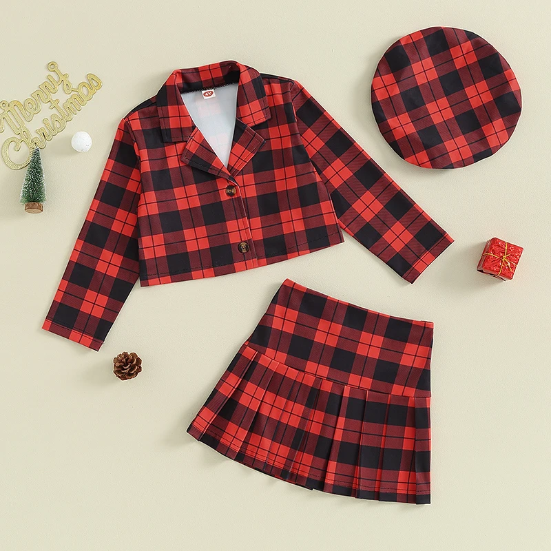 Girls Christmas Outfits Plaid Coat with Turn-Down Collar and Long Sleeve Mini Pleated Skirt Beret Cap - 3 Piece Fall Clothing