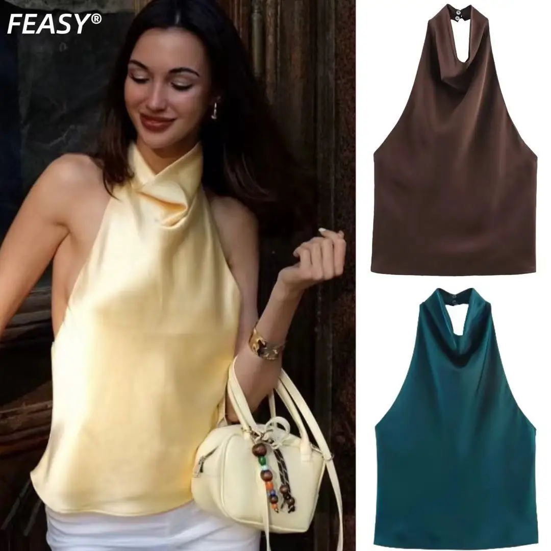Summer 2026 Women's Silk Satin Feel Collared Top Hanging Neckline Quality Atmosphere Short Length No Stretch Pure Color Vest