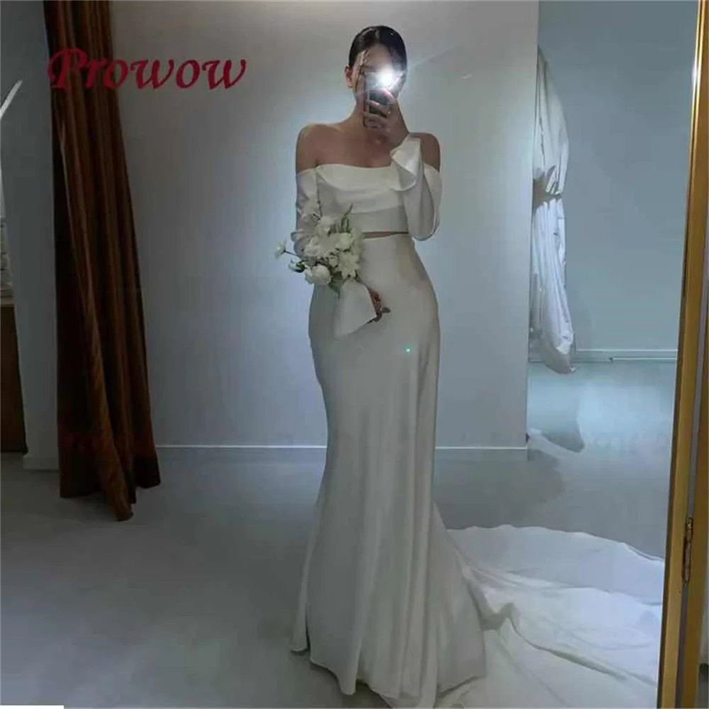 DY Modern Long Sleeves Off The Shoulder Mermaid Wedding Dresses Women Open Back Pleat Satin Lace-up Vestidos De Novia Customized