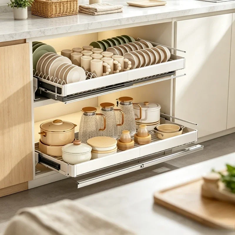 Stainless Steel Expandable Dish Drainer Rack, No-drill Pull-out Drawer Basket Organizer, Slide-out Holder with Damping Slides.