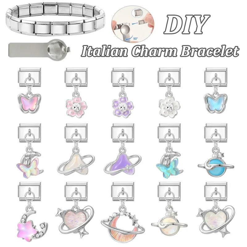 Y2K Pink Blue Purple Crystal Flower Moon Heart Butterfly Pendant Italian Charm Link Stainless Steel Fit 9MM Bracelet DIY Making