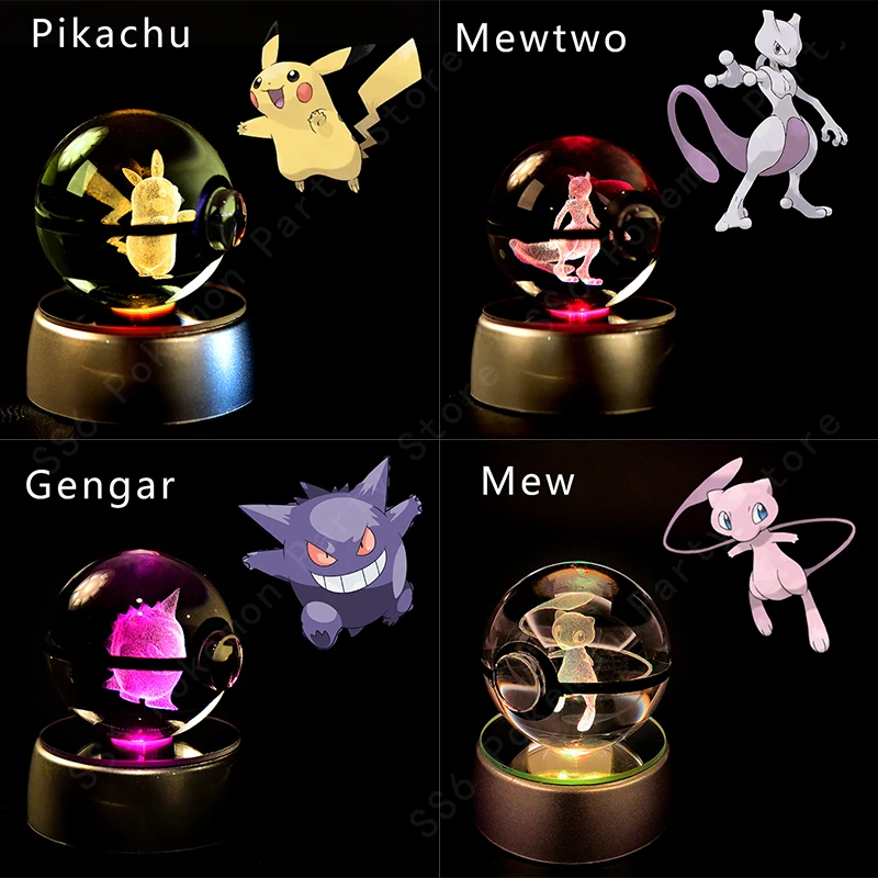 포켓몬 크리스탈 볼 3D 피카추 Gengar Mewtwo 야간 조명 램프 Pokeball 3D 유리 포켓몬 크리스탈 볼 동상 어린이 생일 선물 썸네일 2