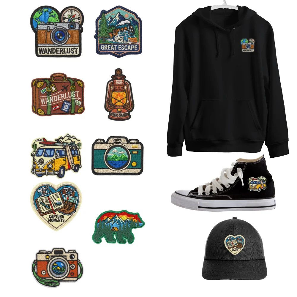 Travel Iron on Patches Vintage Camera Embroidery Patches Camping Bear Stickers Sweing Applique Diy Backpack Jacket Repair Decor