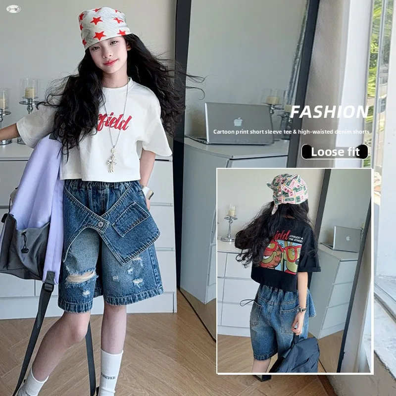 Girls Casual Korean Version Alphabet T-Shirt Loose Ripped Denim Pants Two-piece Set Children's Summer Suit 2026 New