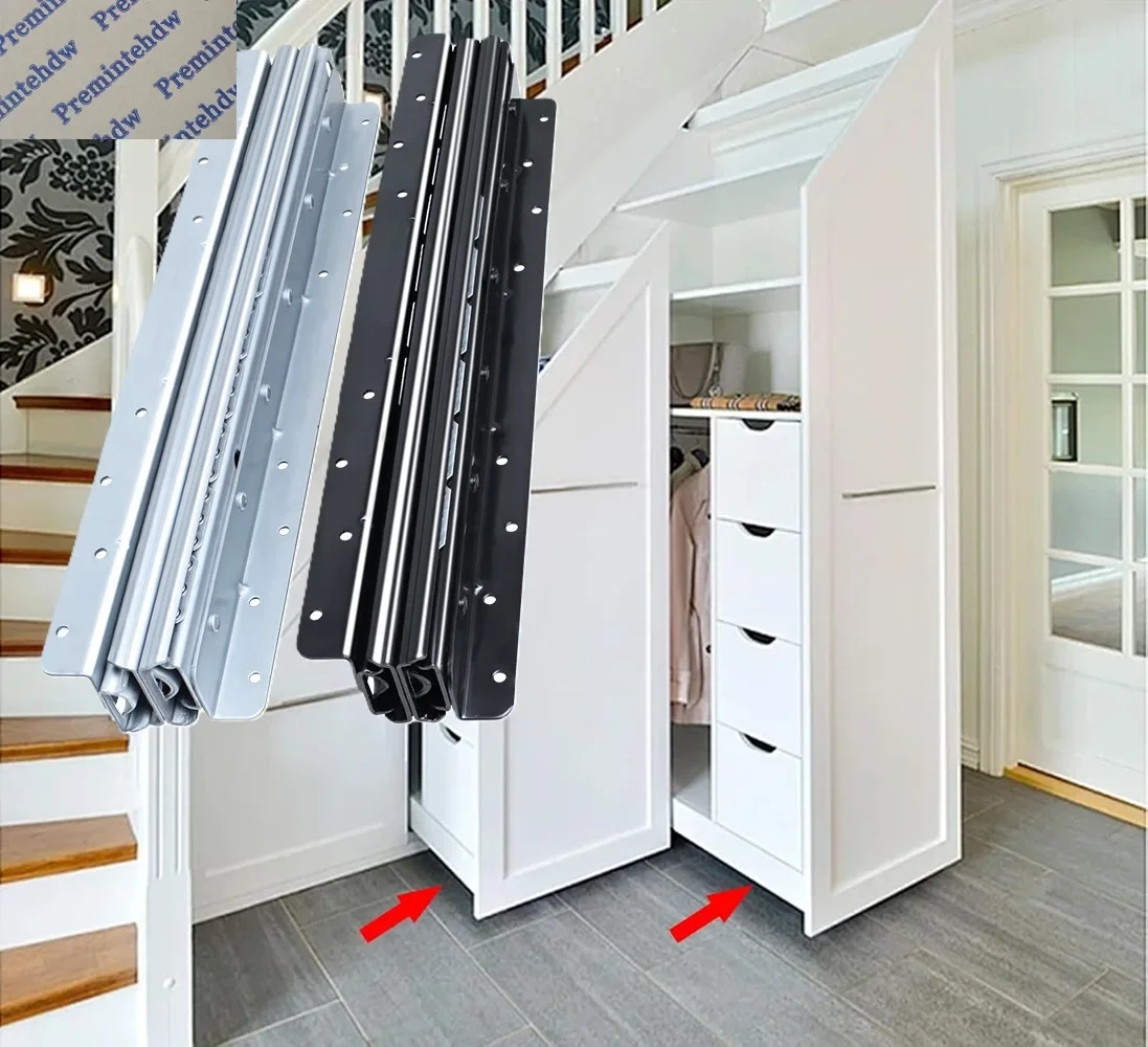 1Pair Heavy Floor Mount Pull Out Drawer Slide For Under Stair Storage Silver Black