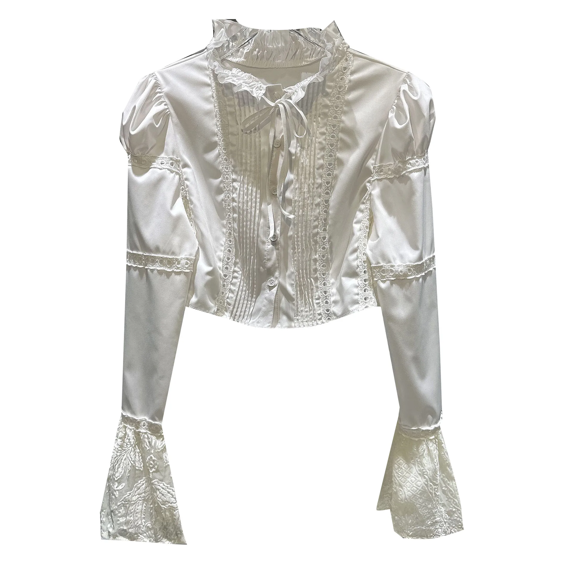 Elegant Lace Splice Sleeve Shirt Women's  Collar Long Sleeve Straight Cut Regular Length Luxury Style  Knot Tie