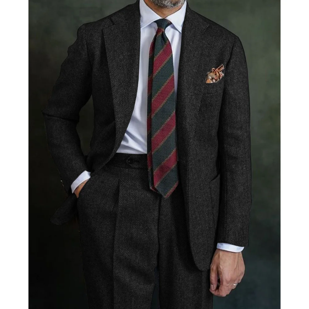 بدلة متعرجة بدلة عادية مع طية صدر السترة خمر قطعتين بدلة العريس عالية الجودة فن الزفاف الأقمشة الصوفية الخشنة