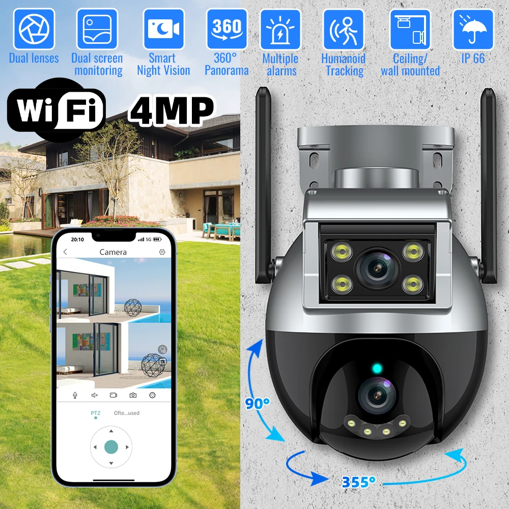 Dual Lens WiFi IP Camera Outdoor Ceiling/Wall mounted Waterproof Security IR Cameras Night Vision Dual Screen Human Detection