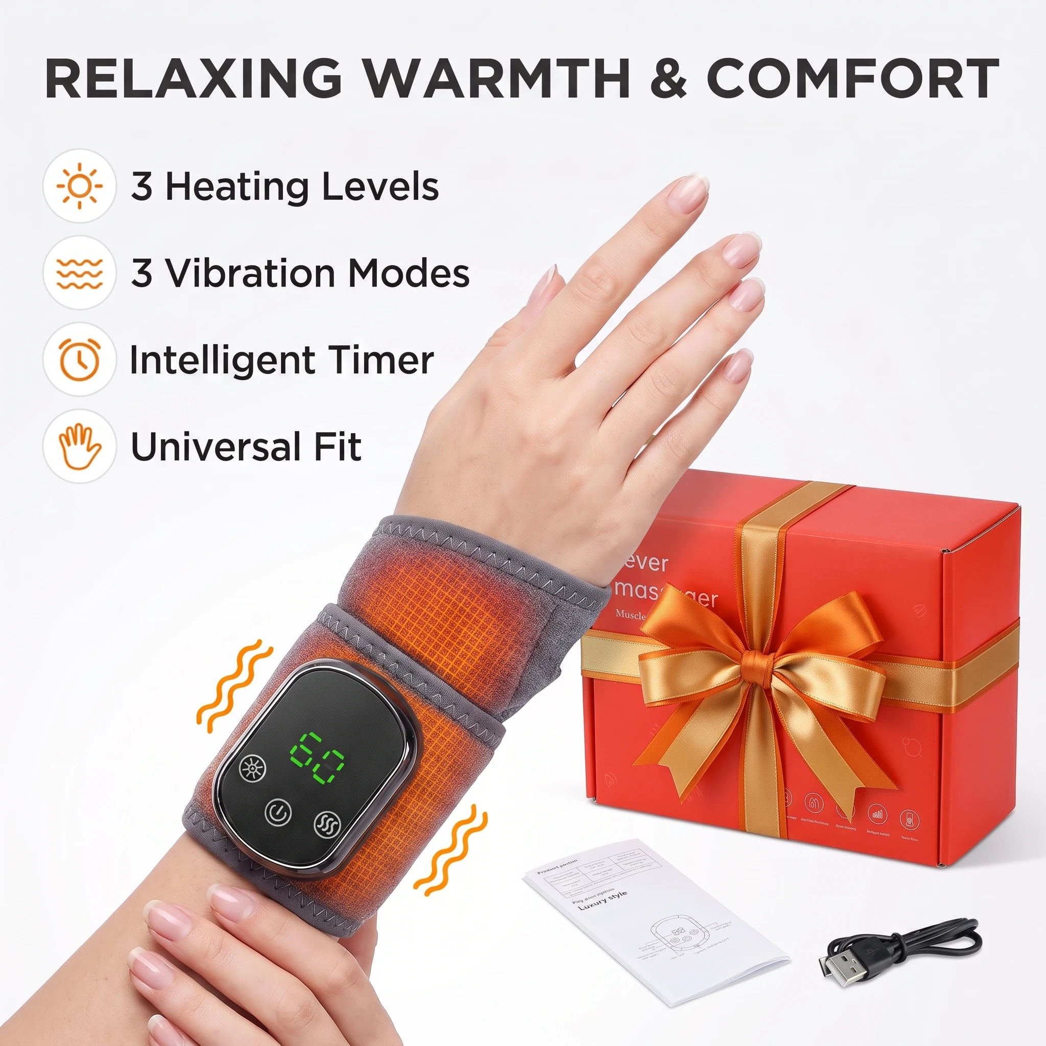 Heated Wrist Massager, 5 Levels Heat 3 Vibration Modes Cordless Brace Wrap Type-C for Office Typing Gaming Comfort Support Grey