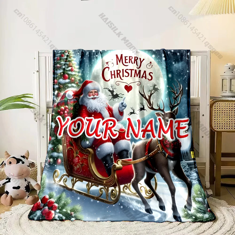 Personalized Custom Name Santa Sleigh Reindeer Christmas Blanket, Merry Christmas Moon Night Flannel Throw Blanket,Holiday Gift