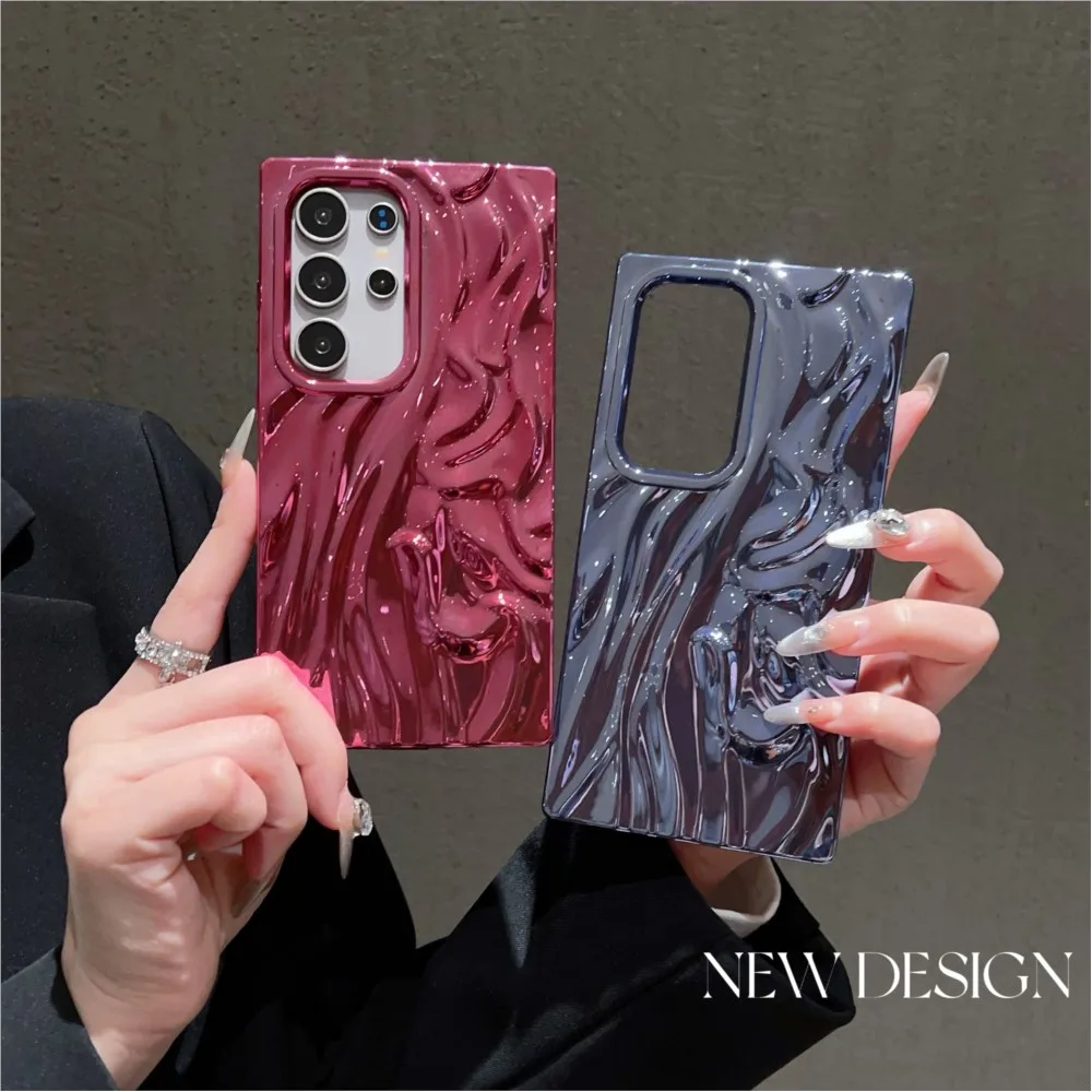 Glossy 3D Plating Water Ripple Wrinkle Texture Case For Samsung Galaxy S25 S24 S23 Plus Ultra FE Electroplate Solid Color Cover