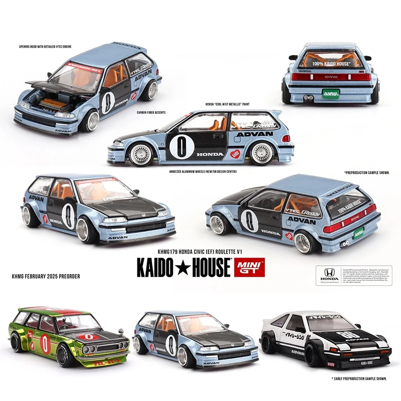 

Предпродажа KHMG 179 1:64 HONDA CIVIC EF ROULETTE V1, литая под давлением модель автомобиля с открывающимся капюшоном Kaido House MINIGT