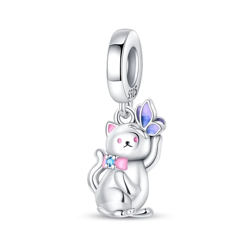 Fashion 925 Sterling Silver Creative Cat And Butterfly Charms Pendant Fit Original Bracelet DIY Women Birthday Jewelry
