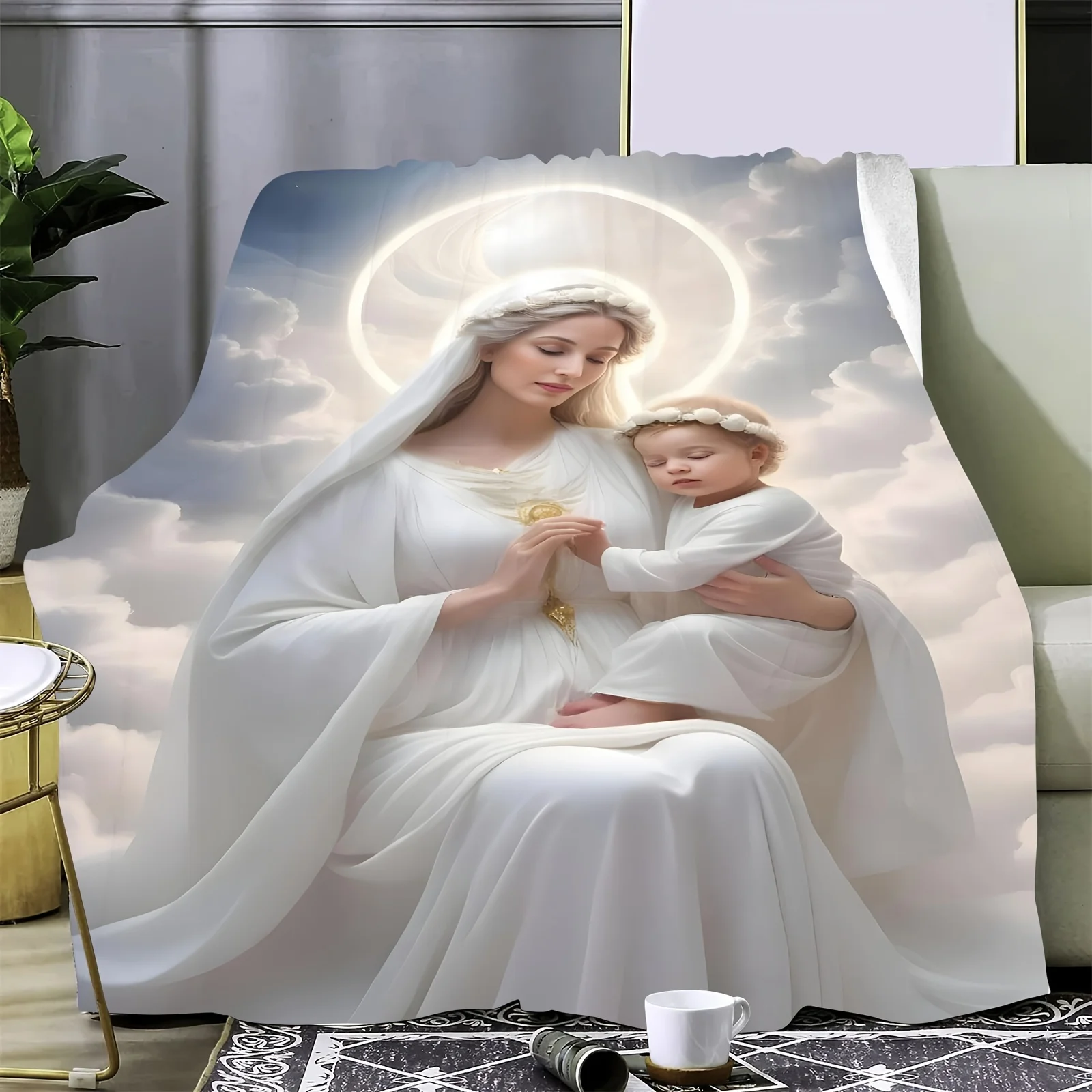 Ultra-Soft Virgin Mary Design Flannel Blanket – All-Season Use for Sofa, Bed, Office & Camping