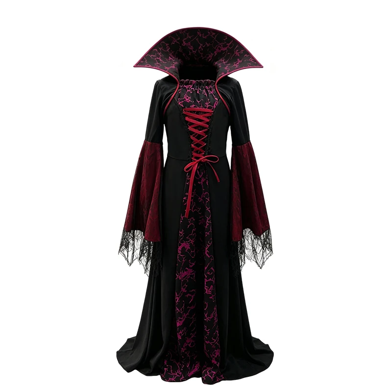 Mädchen Mittelalterliches Vintage-Hexenkostüm mit Langen Ärmeln, Ausgestellten Ärmeln, Schnürkragen und Bedrucktem Kleid für Halloween, Karneval und Cosplay – Detail 3