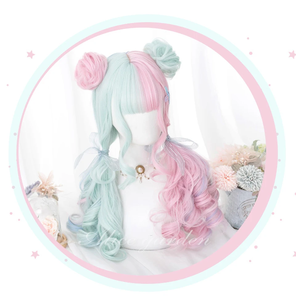 Pink And Green Stitching Synthetic Wig Ombre Long Wave Cosplay Lolita Female Natural Wave Wig With Bangs Heat Resistance