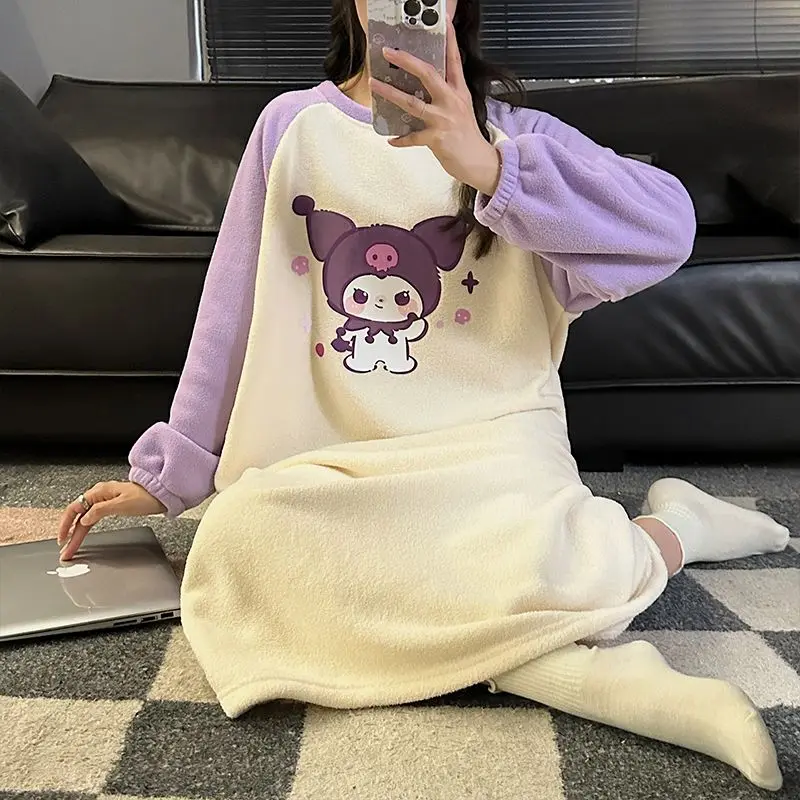 

Sanrios Girls Night Dress Kuromi Cartoon Pajamas Long Sleeve Home Clothing Sweet Comfort Casual Loose Soft Gift for Girlfriend