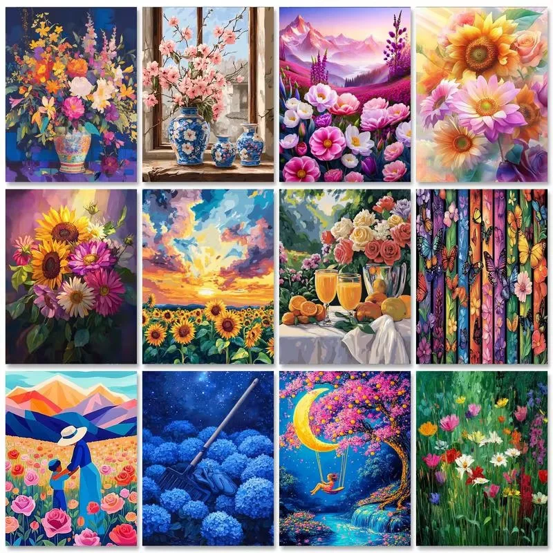 DIY Diamantmalerei Buntes Blumenvasen-Motiv Berglandschaft Sonnenuntergang Mond Stillleben Muster Handgemachte Heimdekoration