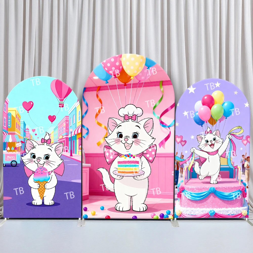 

Mary Cat Arch Backdrop Cover Birthday and Baby Shower Cute Party Treat Theme Ice Cream Cake Balloons for Kids Photo Booth Decor