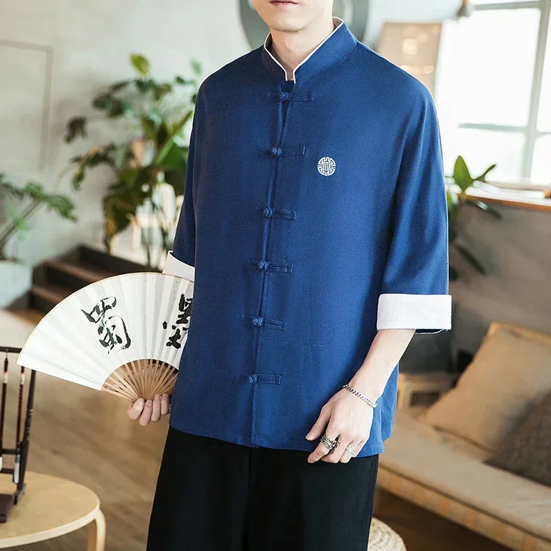 2024 Summer Chinese Style Mens Tops Tang Suit Linen Short Sleeve Shirt Traditional Kung Fu China Style Hanfu Shirts