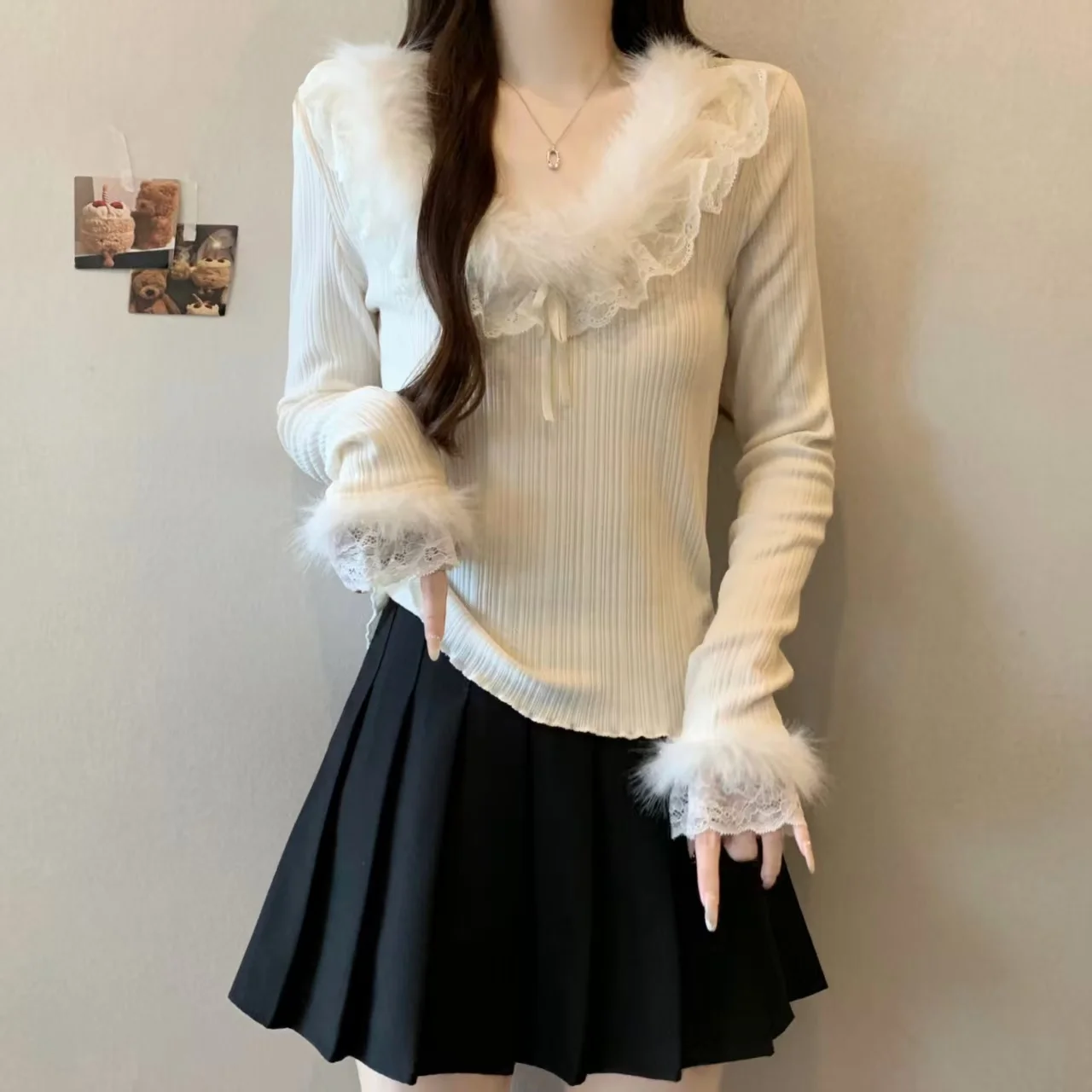 

Уникальный крупногабаритный вязаный топ с кружевными вставками для женщин, осенне-зимний, модный, во французском стиле, из полиэфирного волокна