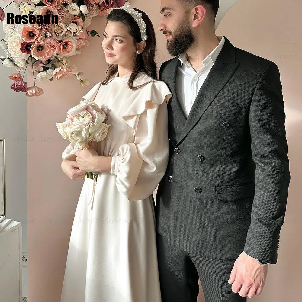 Muslim High Quality 2024 New Design A-line Wedding Dresses Full Satin Floor Length Ruffle Bride Dress Brush Train robe de mariée