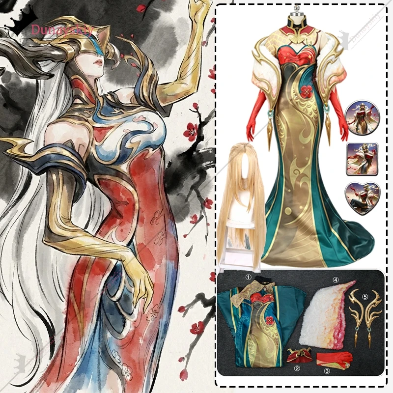 LOL Lissandra Noble Birth Skin Cosplay Costume The Ice Witch Golden Qipao Wig Accessories Fullset Halloween Carnival Dress Up