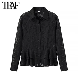 TRAF Black Ruffle Shirts for Women Semi Sheer Blouse Female Collar Button up Shirt Woman Long Sleeve Shirts and Blouses Women