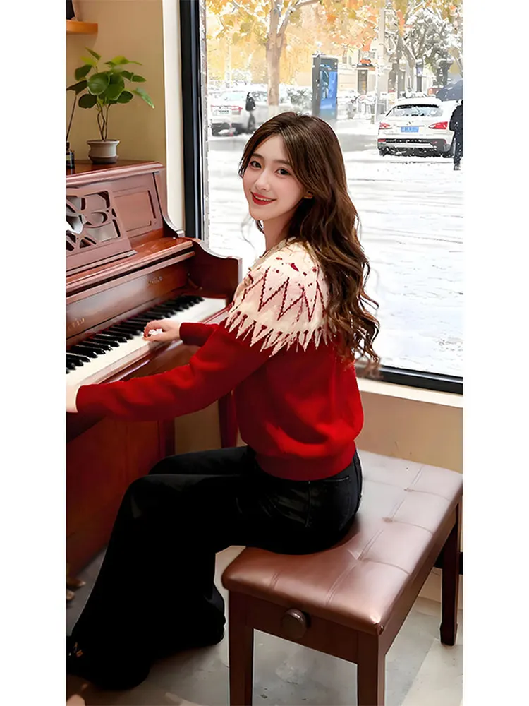 빨간색 니트 오픈 가디건 스웨터 여성용 캐주얼 루즈핏 롱 스웨터 라운드 넥 버튼 디테일 새해 아우로페스 탑