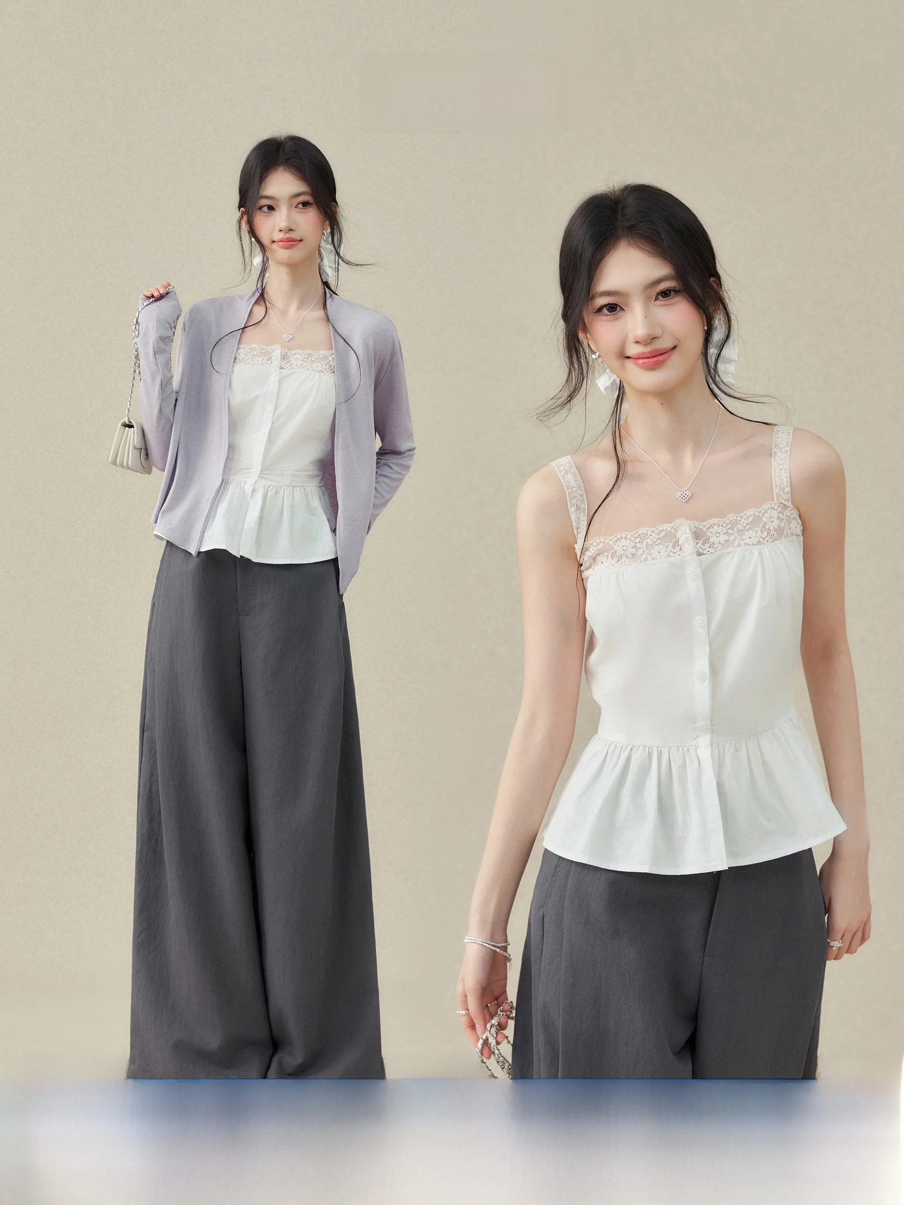 Ouyang Xi Purple Lace Trim Sun Protection Shirt Women's Summer Tank Top Outerwear Two-Piece Set Short Length Spring 2026