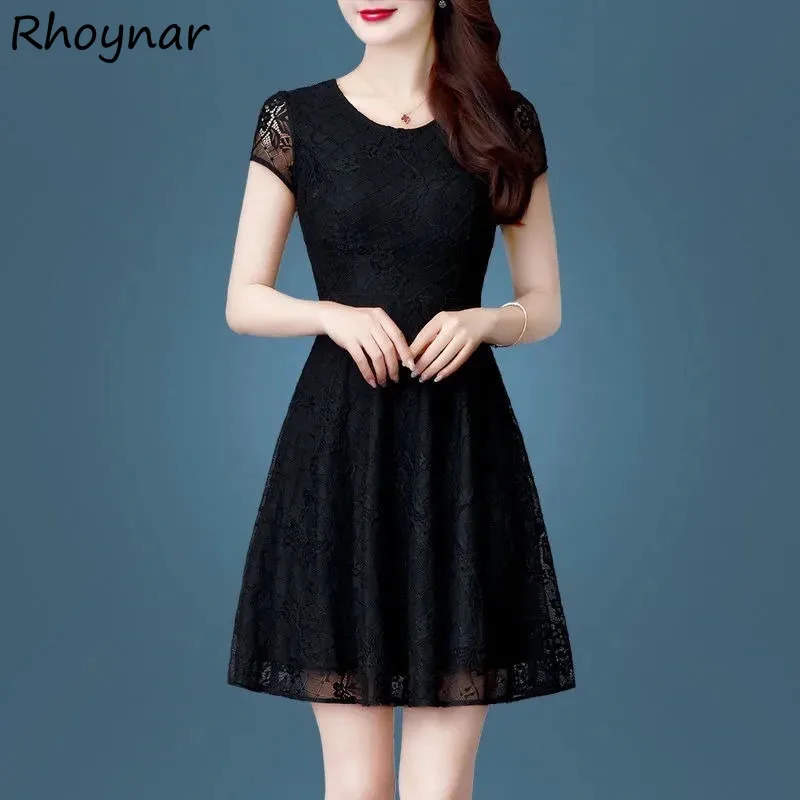 Short Sleeve Dresses Women Solid Lace Abdomen Slim A-line Trendy Korean Style Fashion Elegant Temperament Casual Summer Ladies