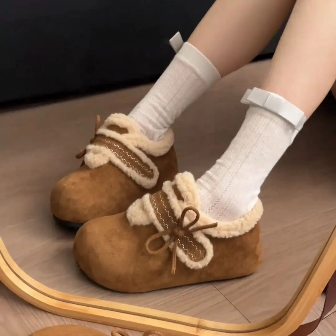 Thick Bottomed Winter Booties Women's Fashion Knot Design Warm Fleece Lined Increased Height Cork Sole Casual round Toe Boots
