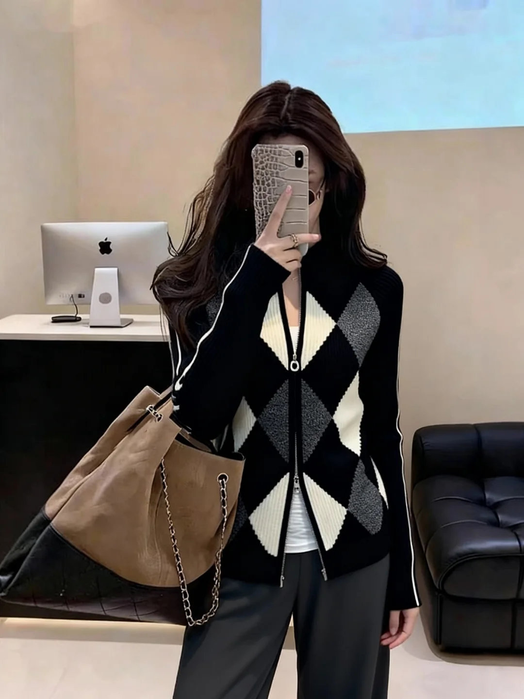 

Faionable Knitted Double Zipper Sweater Women's Winter Patchwork Diamond id Loose Sle Commute Suitable Cardigan Coat