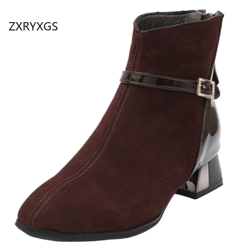 

ZXRYXGS Premium Cowhide Matte Leather Splicing Patent Leather Women Fashion Boots 2025 Plus Size Women Autumn Winter Boots Tide