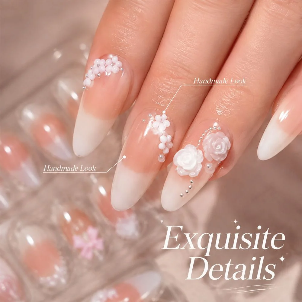 120Pcs Boxed Wearable False Nails Medium Almond Nude Pink Ombre 4 Styles Mixed 3D Rose Pearl Bow Decor Removable Manicure