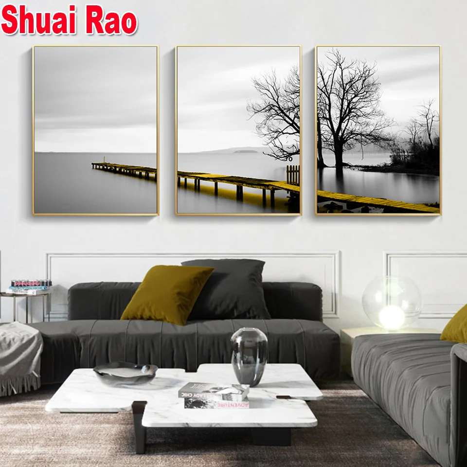 

3 Piece Calm Lake Bridge Tree Scene Full Square Drill 5D Diy Diamond Painting Triptych embroidery Painting Diamond Mosaic ,