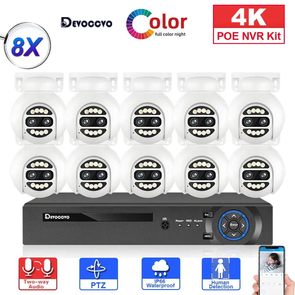 

4K Dual Lens POE PTZ CCTV Camera Security System Kit 8X Zoom 10CH POE NVR Kit 2 Way Audio XMEYE IP Camera Video Surveillance Kit