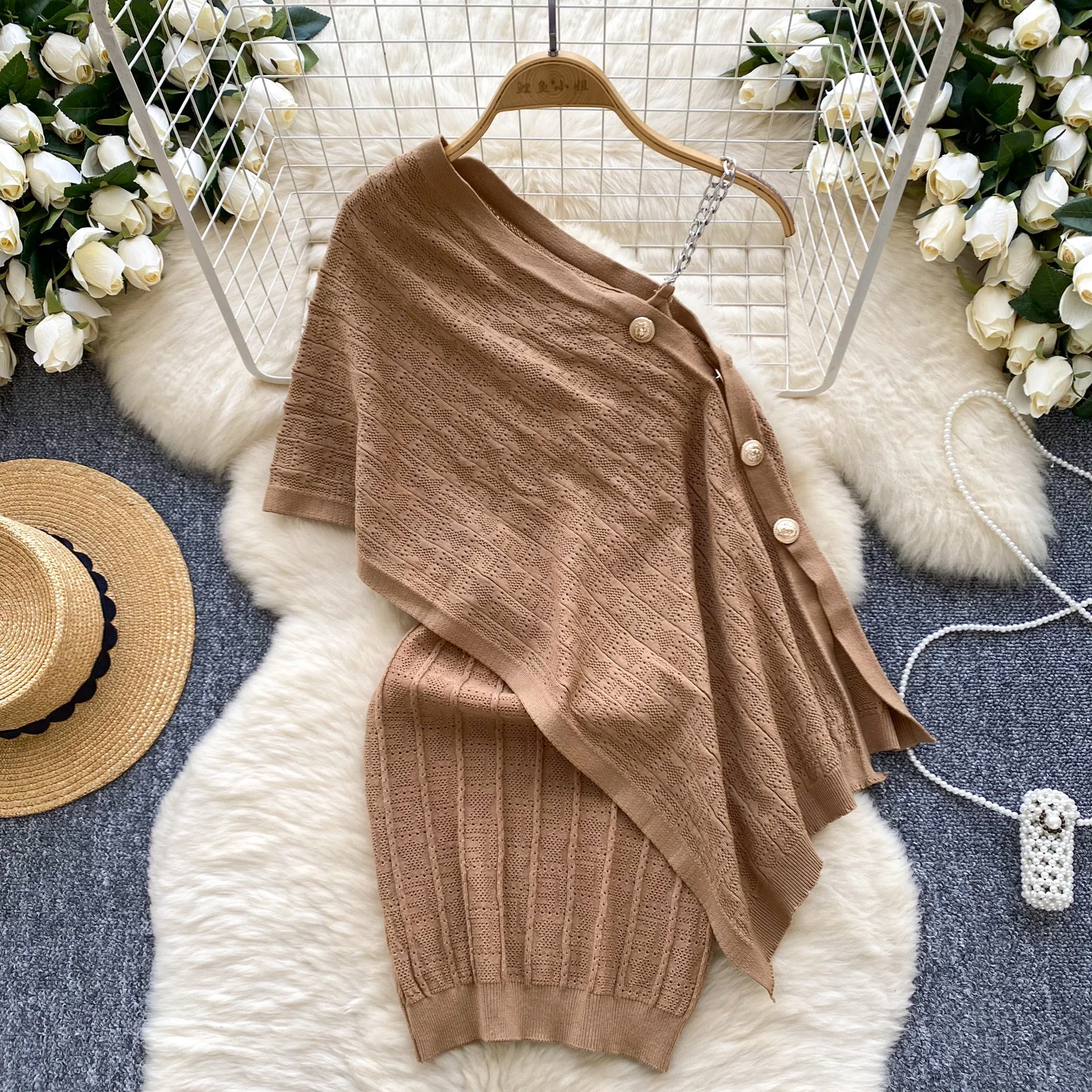 Women New Fashion Knitted 2-piece Suits Chain Slim Waist Strap Dress + Metal Buckle Cape Knitted Shawl