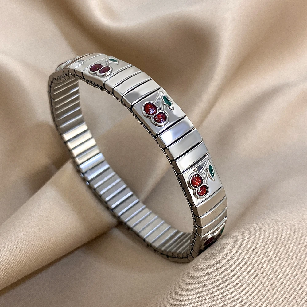 Stainless Steel Elastic Bracelet Bangle for Women Men Red Enamel Strawberry Cherry Bracelet Classic Watch Chain Golden Jewelry